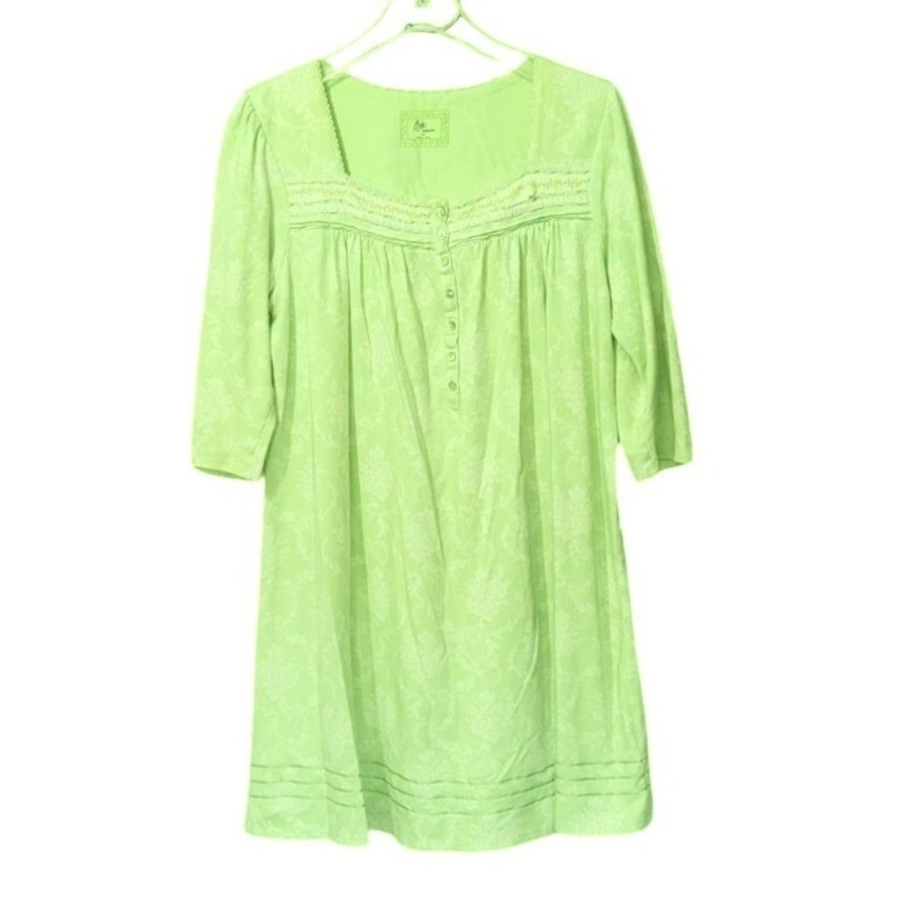 Aria 100% Cotton Nightgown M Green Floral Cottagecore Romantic Knee 3/4 Sleeve